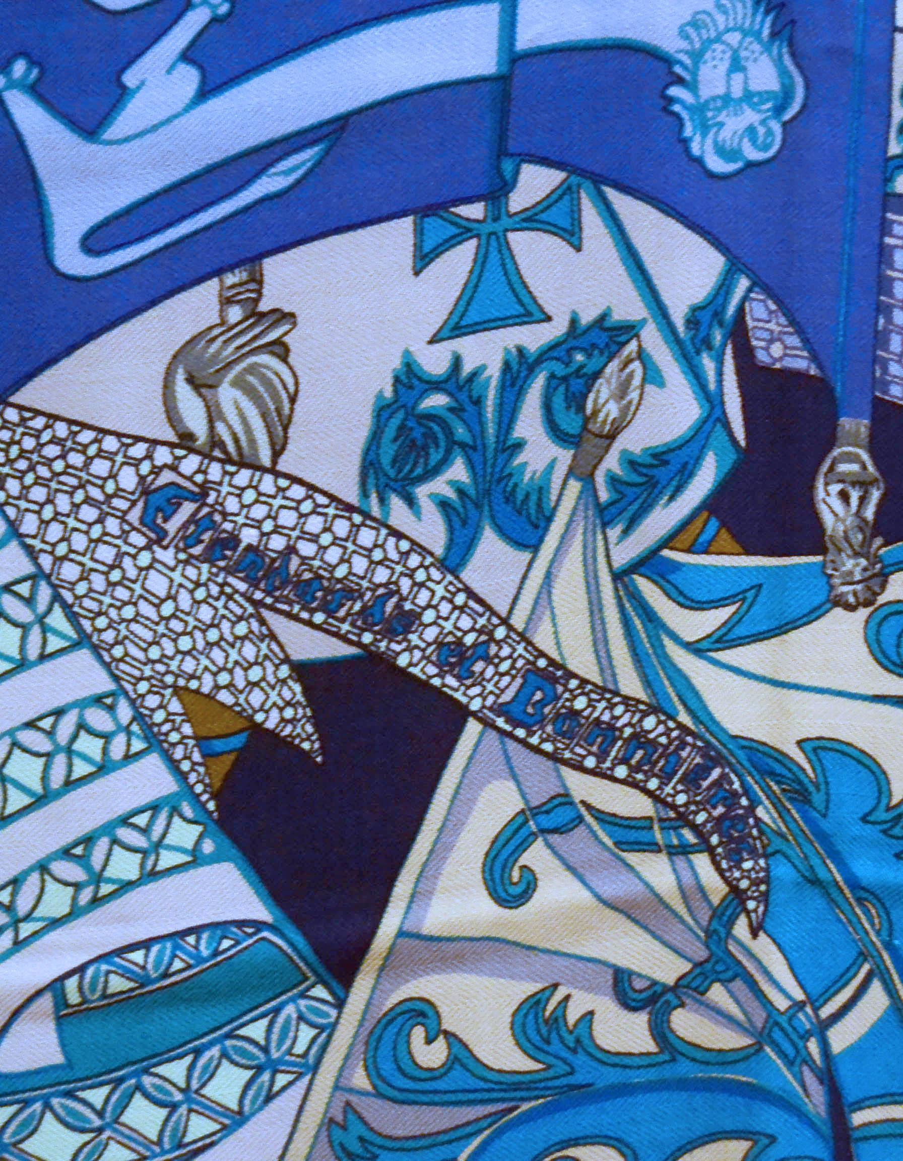 Hermes Blue Silk & Cashmere Etendards et Bannieres 140cm Shawl/Scarf 1