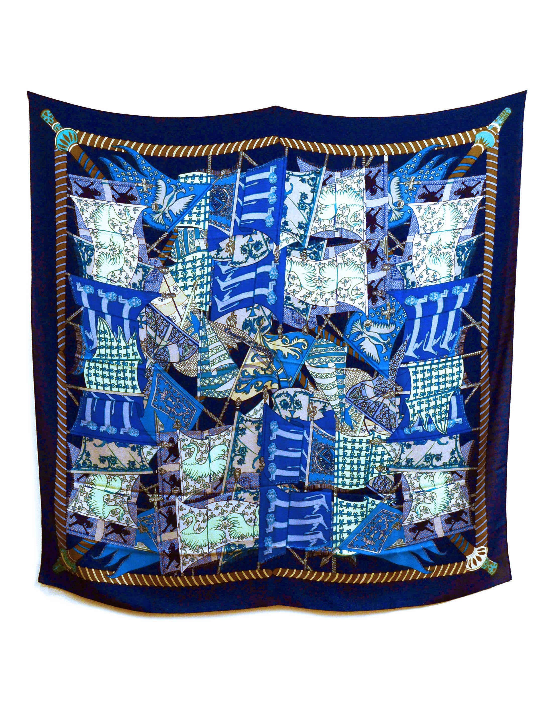 Hermes Blue Silk & Cashmere Etendards et Bannieres 140cm Shawl/Scarf 2