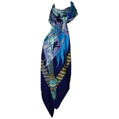 Hermes Blue Silk & Cashmere Etendards et Bannieres 140cm Shawl/Scarf