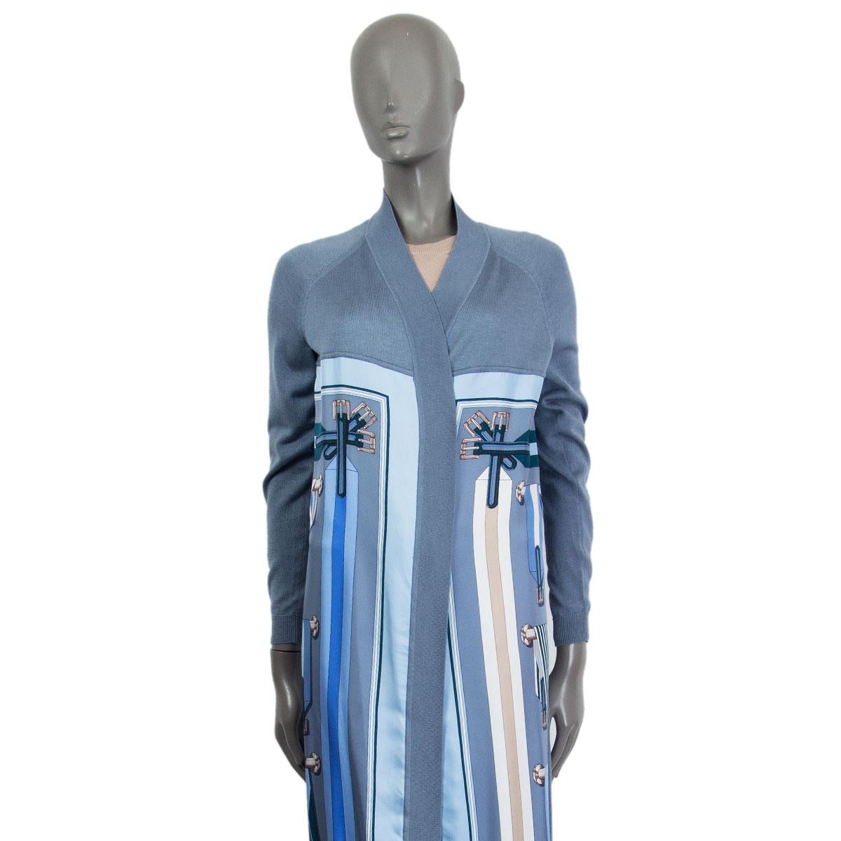 Hermès 'Les Sangles' open coat with ragaln sleeves in sky blue, blue, pertol, taupe, cream and off-white silk (100%) and dove blue cashmere (100%) sleeves and back part and trim. Has been worn and is in excellent condition.

Tag Size 34
Size