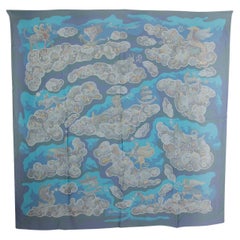 HERMES blue silk chiffon NUEES IMAGINAIRES 140 MOUSSELINE Scarf