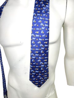 Hermès Blue Silk Dog Motif Tie Made in France