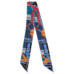 HERMES blue silk GRAND MANEGE Twilly Scarf Bleu Rouge Noir