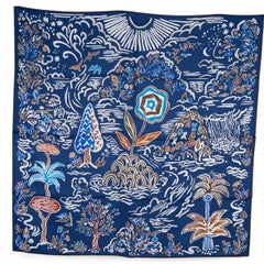 HERMES blauer Seidenschal „ISOLA DI PRIMAVERA“ in Marin, Braun und Weiß