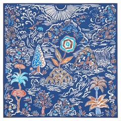 HERMES blauer Seidenschal „ISOLA DI PRIMAVERA“ in Marin, Braun und Weiß