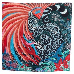 HERMES blue silk JAGUAR QUETZAL 90 TWILL Scarf Quetsche Rose Bleu