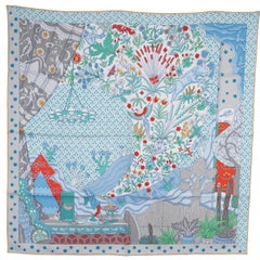 HERMES blue silk LE PERMIER CHANT 90 Scarf Aqua Vert Grenadine