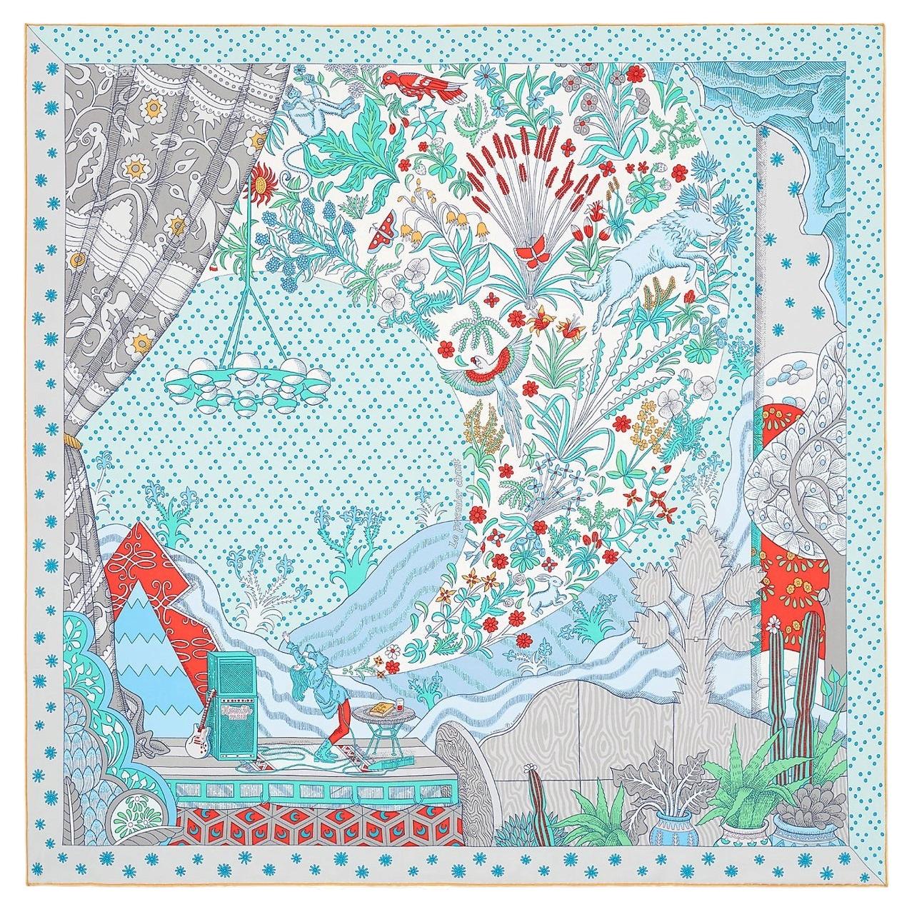 Pañuelo de seda azul de HERMES «LE PREMIER CHANT 90», color Aqua Vert Grenadine