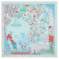 HERMES blue silk LE PERMIER CHANT 90 Scarf Aqua Vert Grenadine