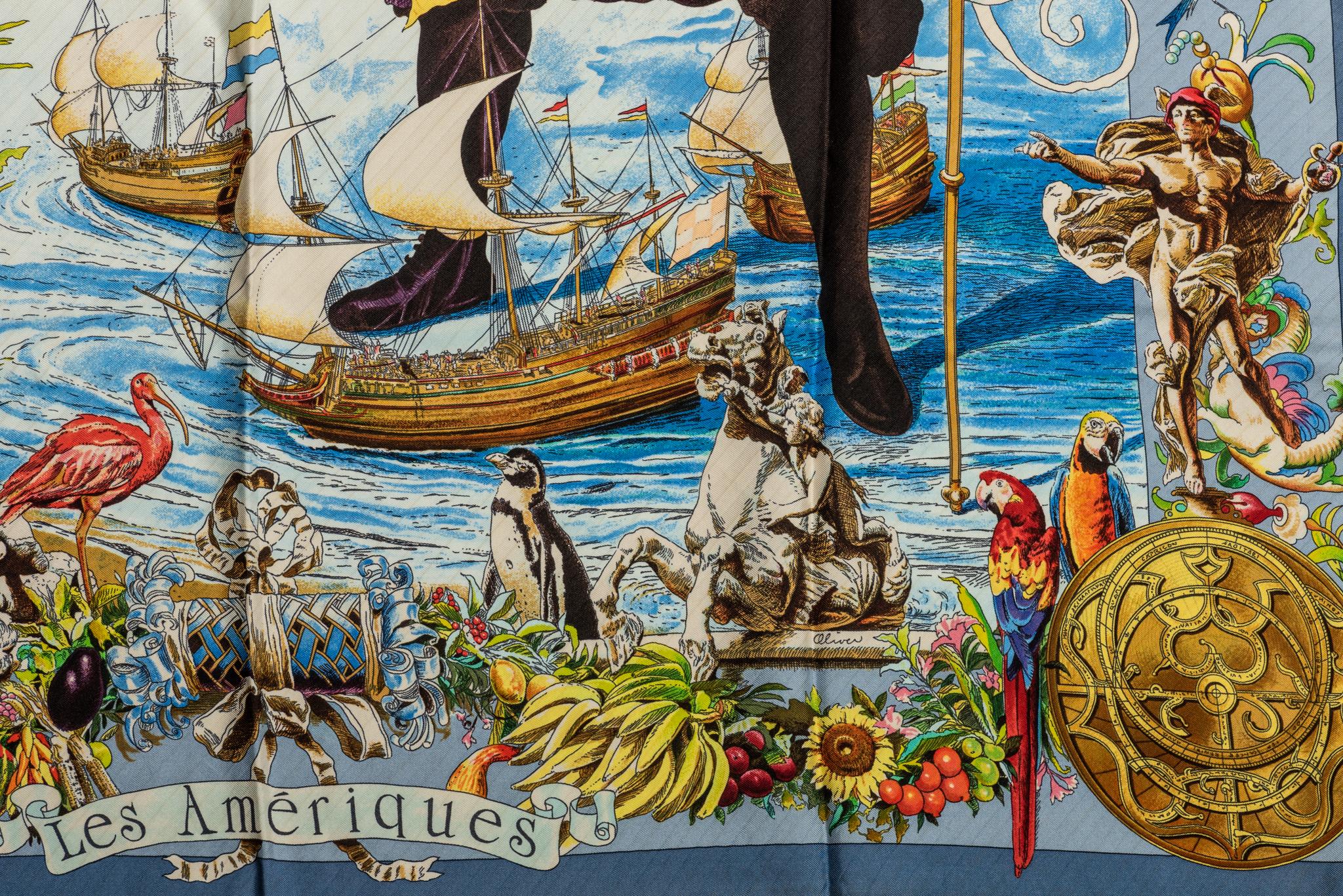 Brown Hermès Blue Silk Les Ameriques Scarf For Sale