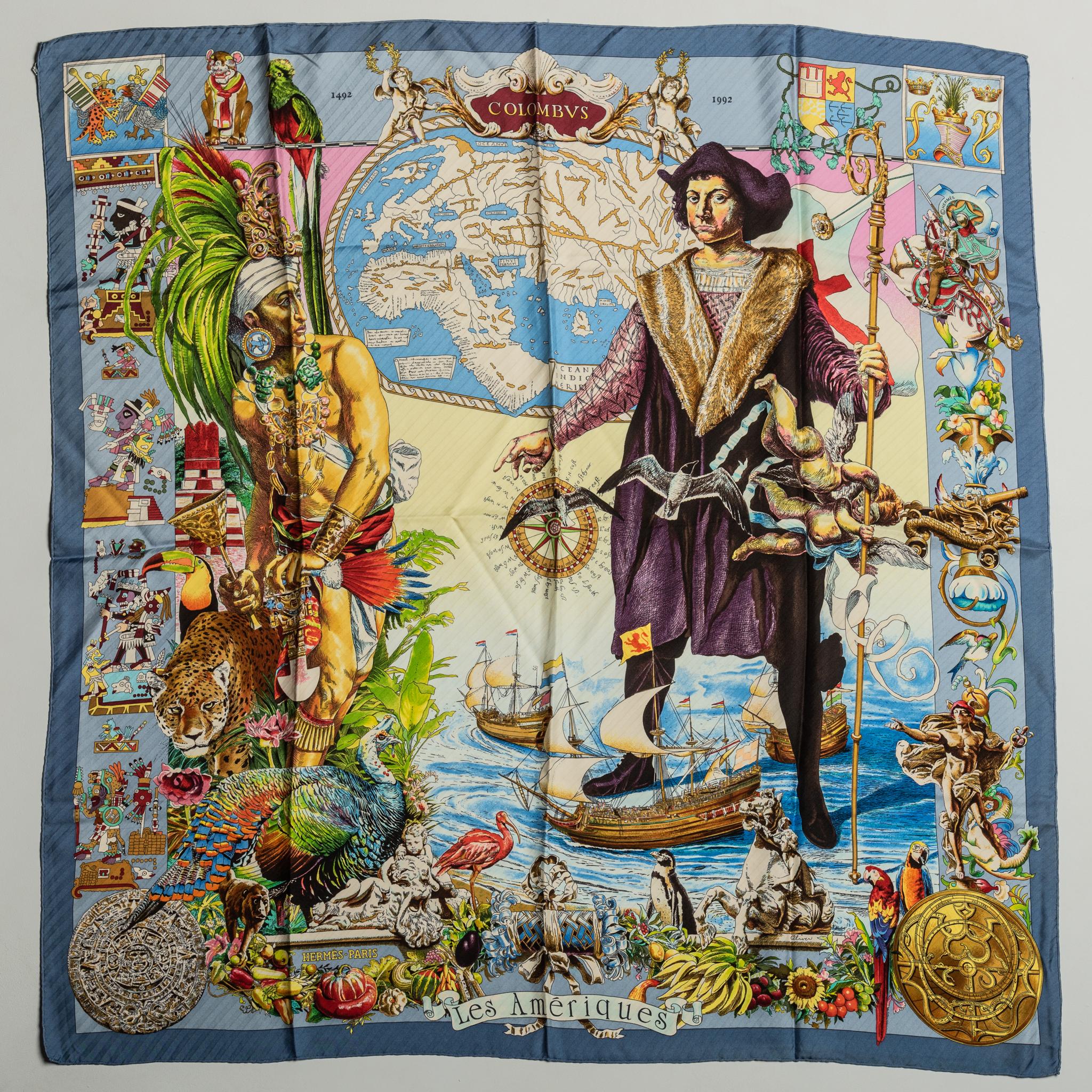 Hermès Blue Silk Les Ameriques Scarf In Excellent Condition For Sale In West Hollywood, CA