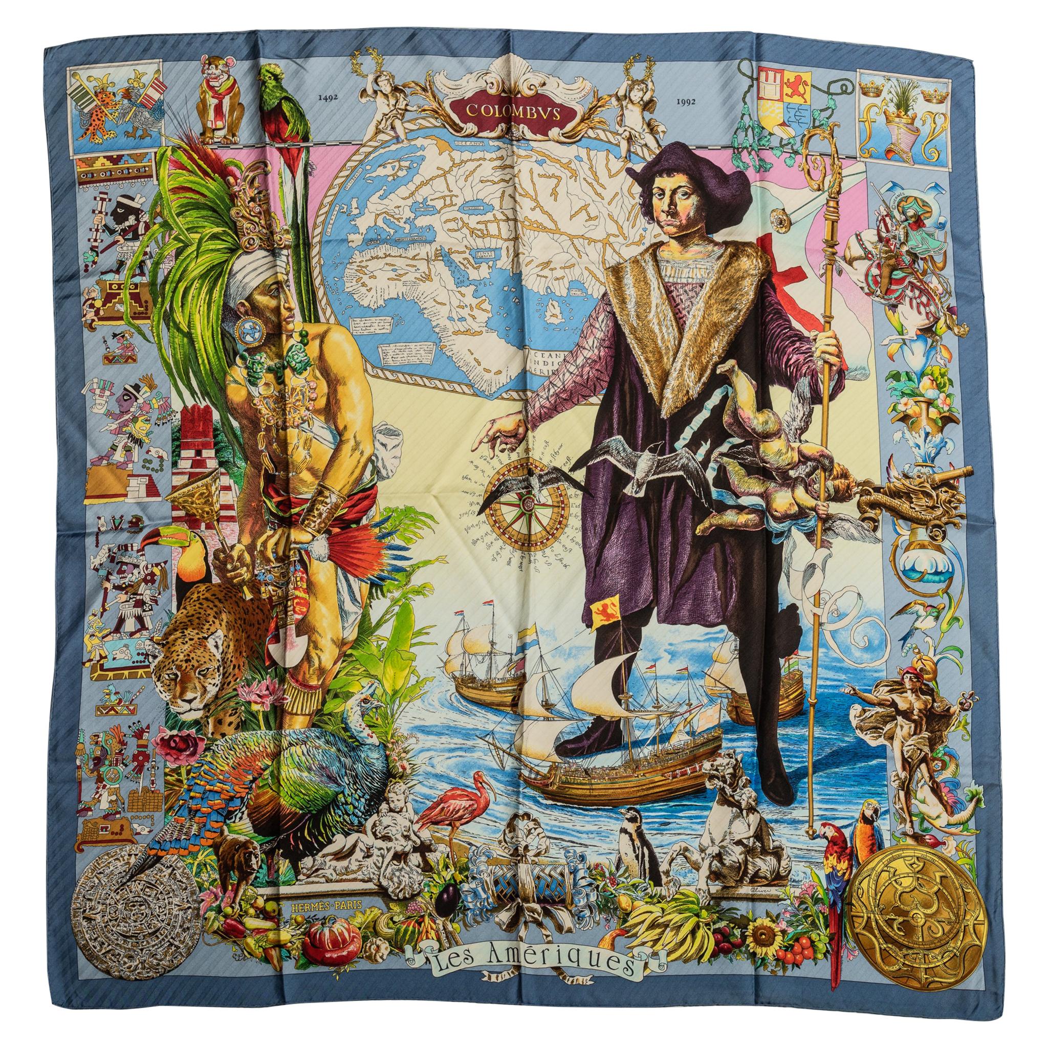Hermès Blue Silk Les Ameriques Scarf For Sale