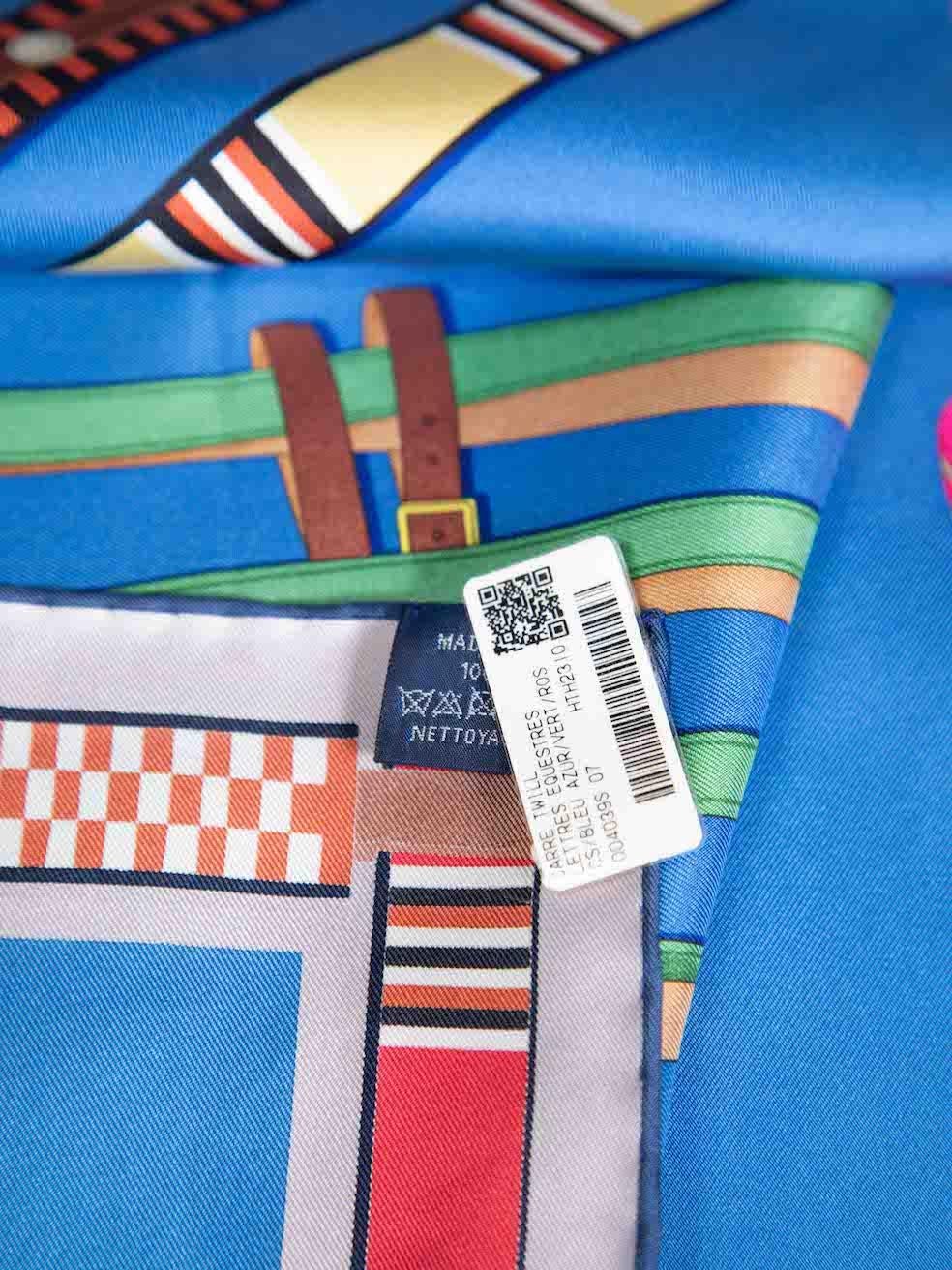 Hermès Blue Silk Lettres Equestre 90 Scarf In New Condition For Sale In London, GB