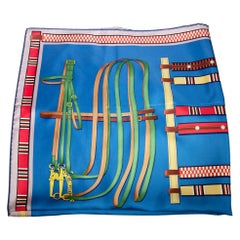 Hermès Blue Silk Lettres Equestre 90 Scarf