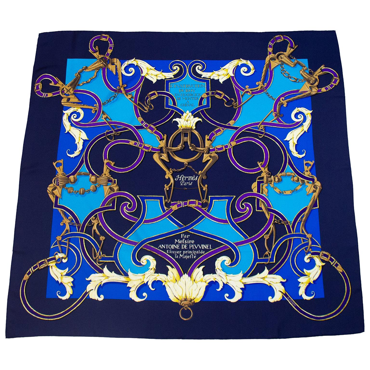 Hermes Blue Silk "L'Intsruction Du Roy" Scarf 