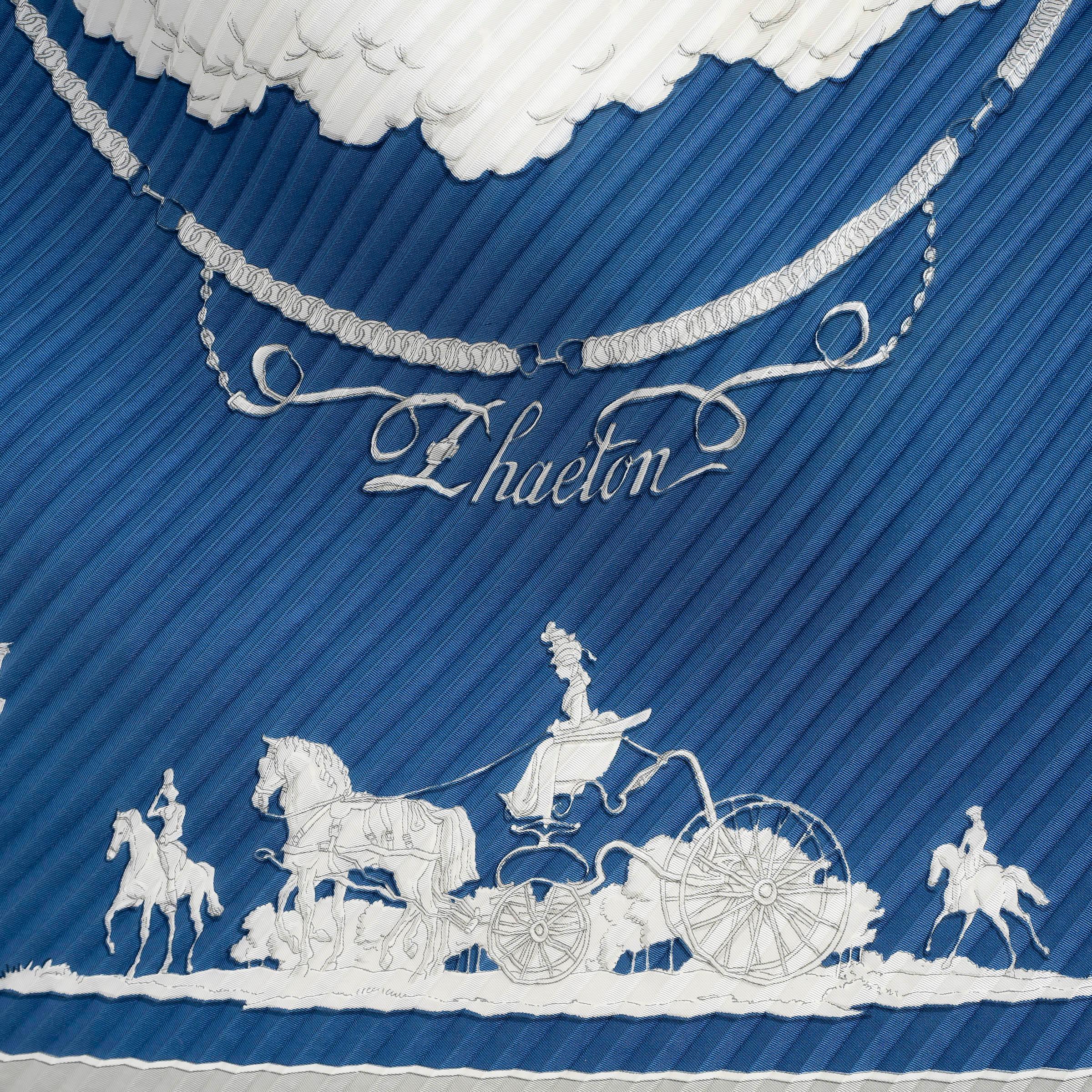 100% authentic Hermès Phaeton 90 plisse silk scarf by Phlilippe Ledoux in navy blue with details in white and blue. Has been worn and shows a few faint pen marks. Overall in very good condition. Comes with box. 

Measurements
Width	90cm
