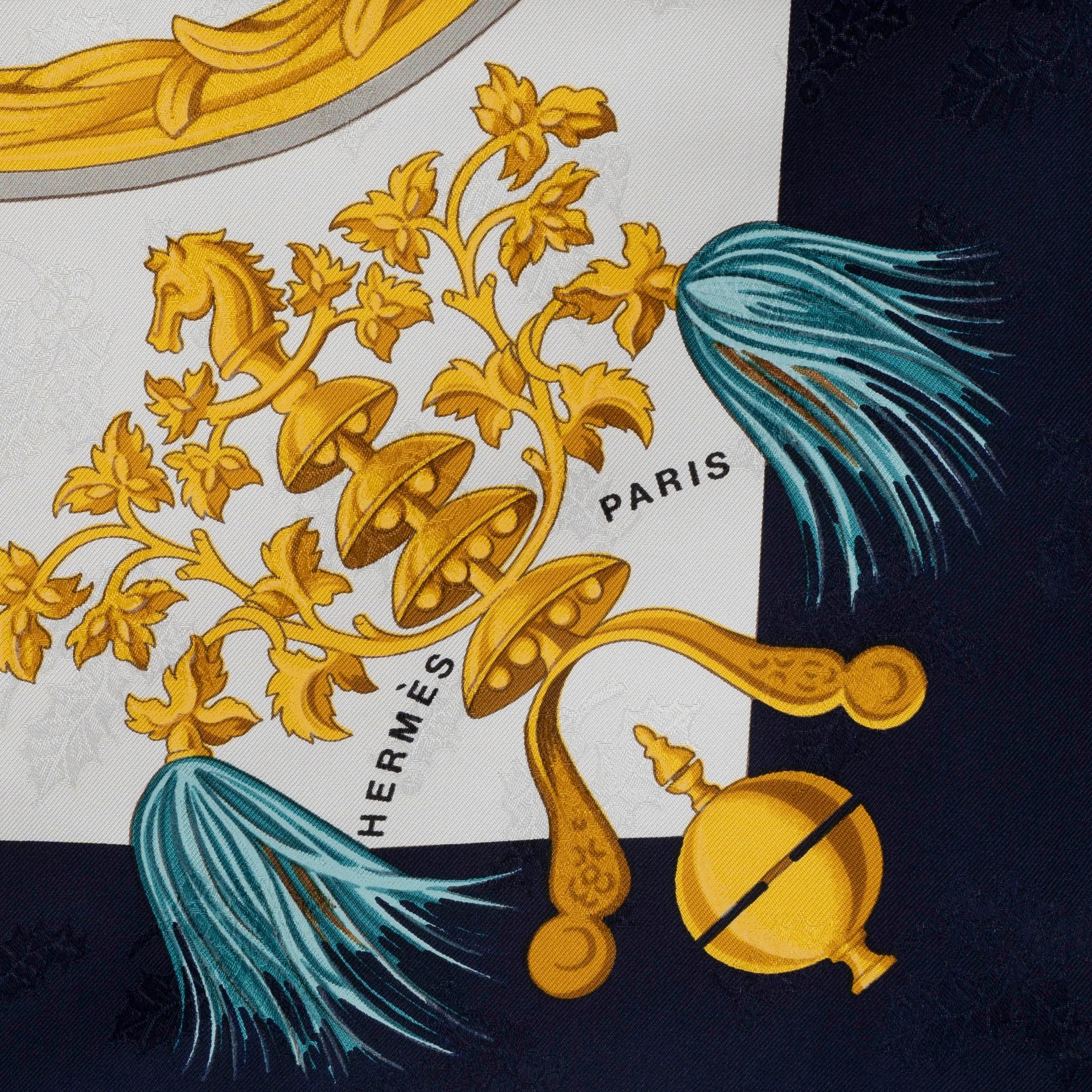 Beige HERMES blue silk PLUMES ET GRELOTS 90 Jacquard Scarf For Sale