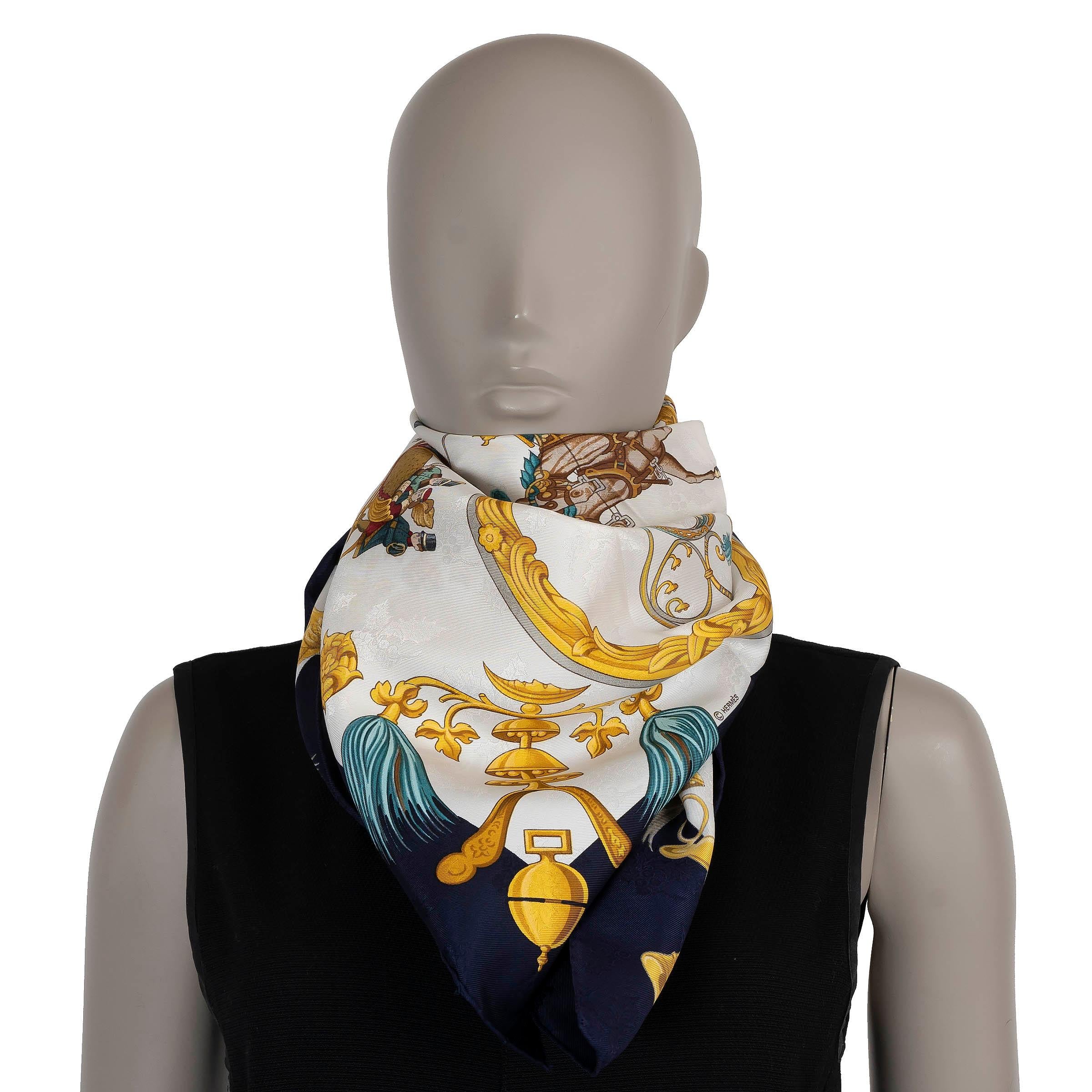HERMES blue silk PLUMES ET GRELOTS 90 Jacquard Scarf For Sale 1