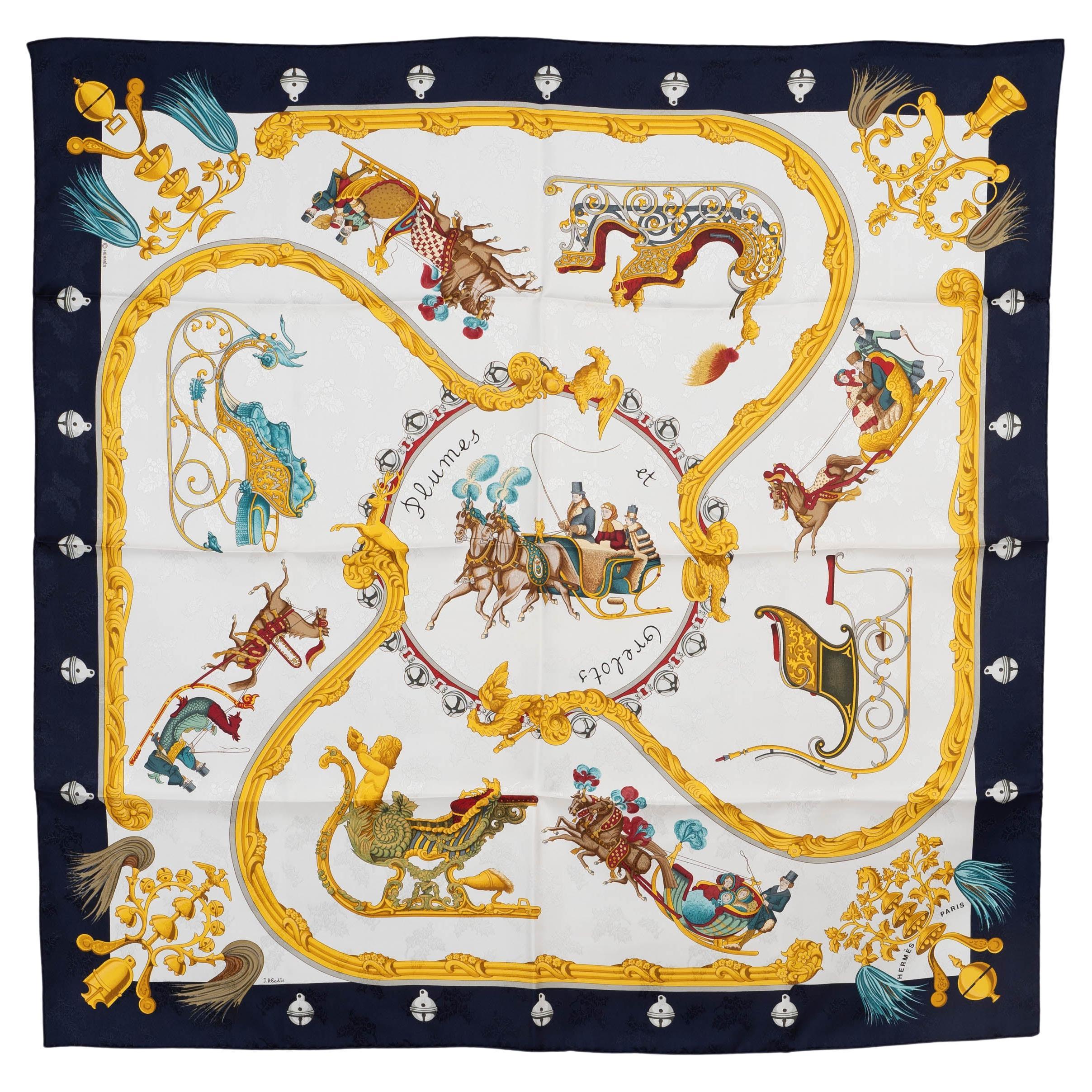 HERMES blue silk PLUMES ET GRELOTS 90 Jacquard Scarf For Sale