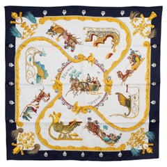 HERMES blue silk PLUMES ET GRELOTS 90 Jacquard Scarf