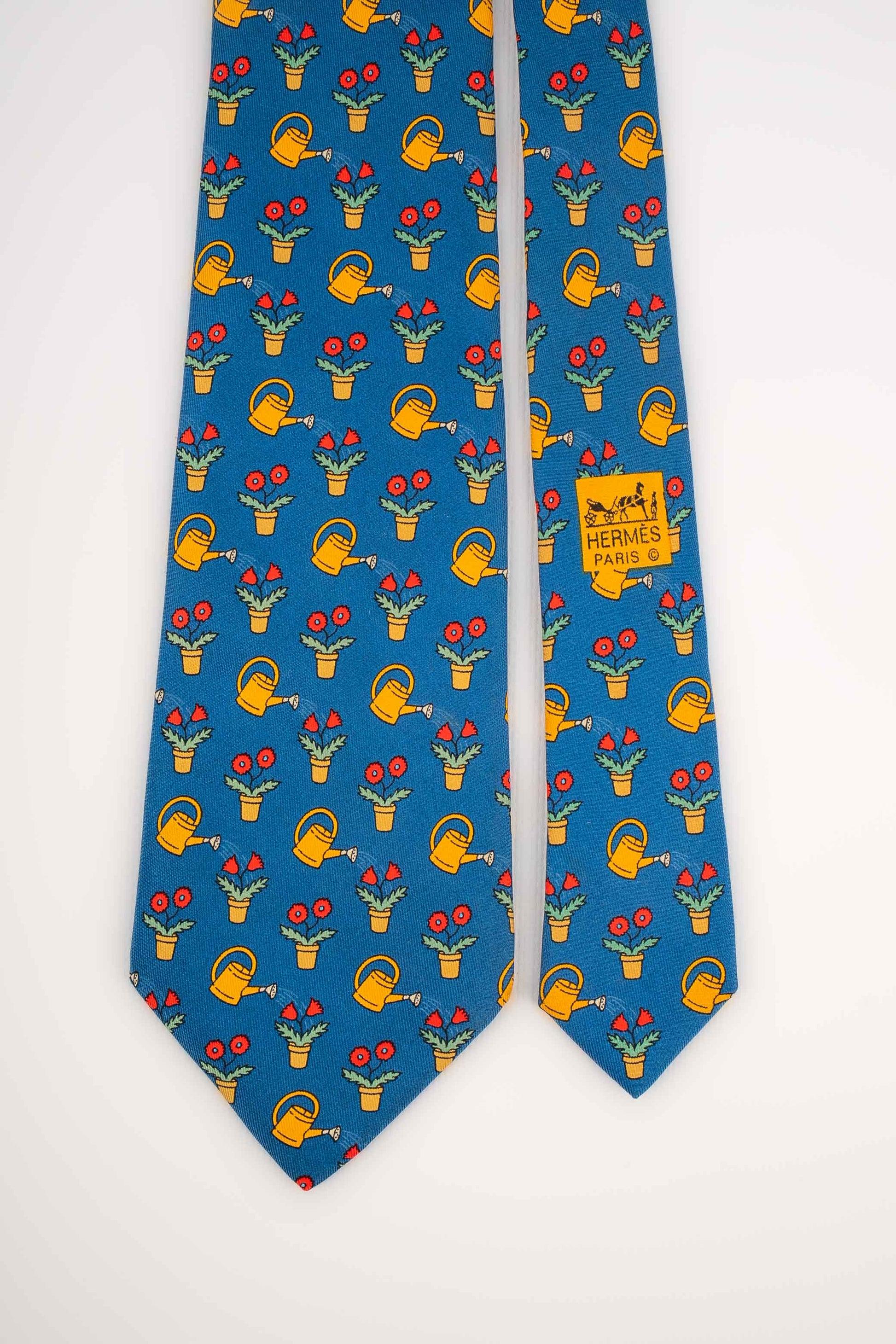 Men's Hermès Blue Silk Tie Illustrated with Flowers and Watering Cans