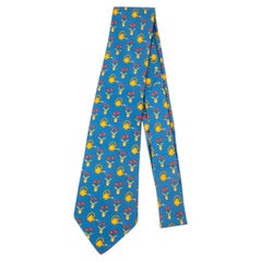 Hermès Blue Silk Tie Illustrated with Flowers and Watering Cans