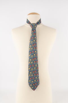 Hermès Blue Silk Tie Illustrated with Horses