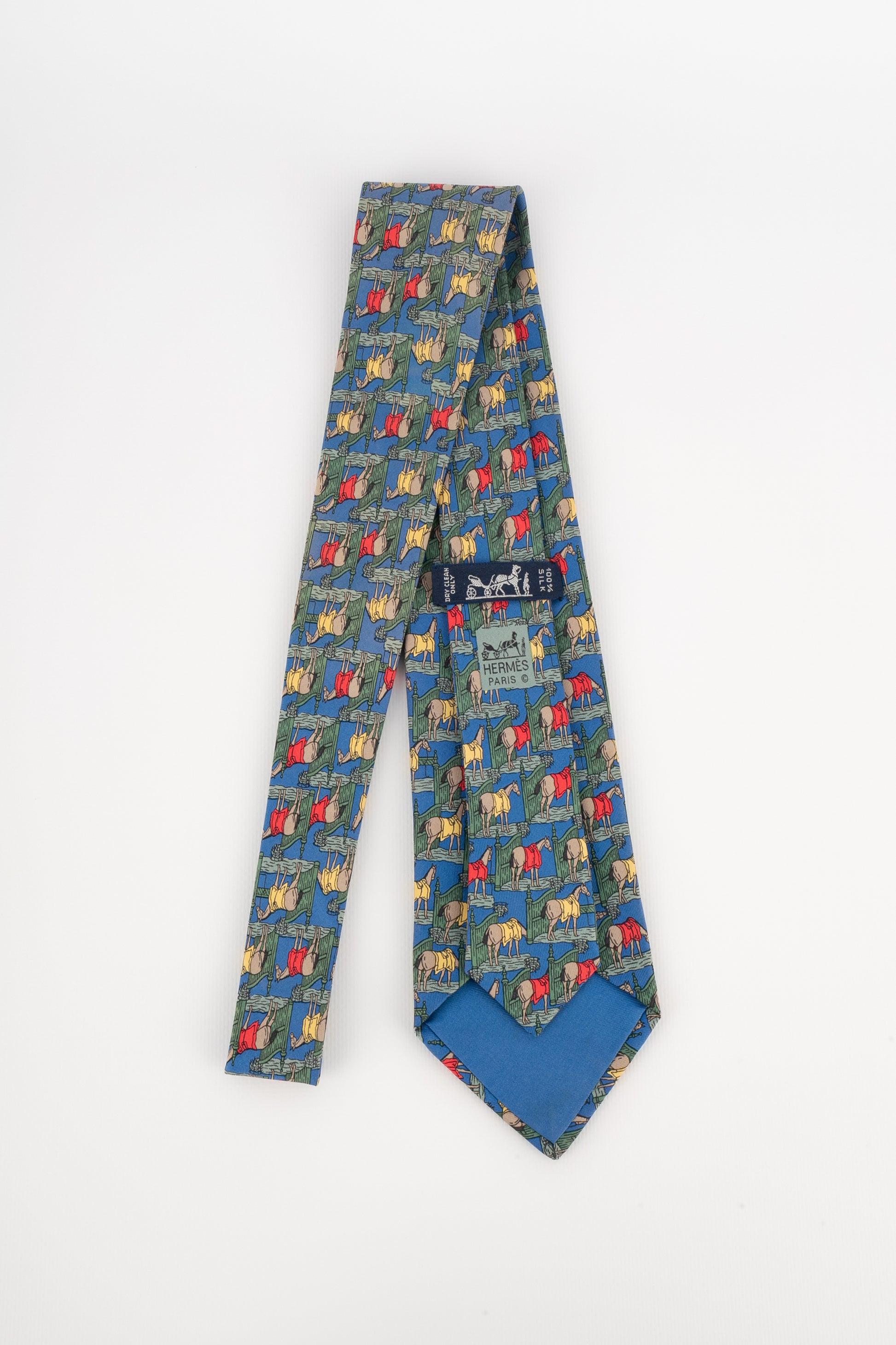 Gray Hermès Blue Silk Tie Illustrated with Horses For Sale