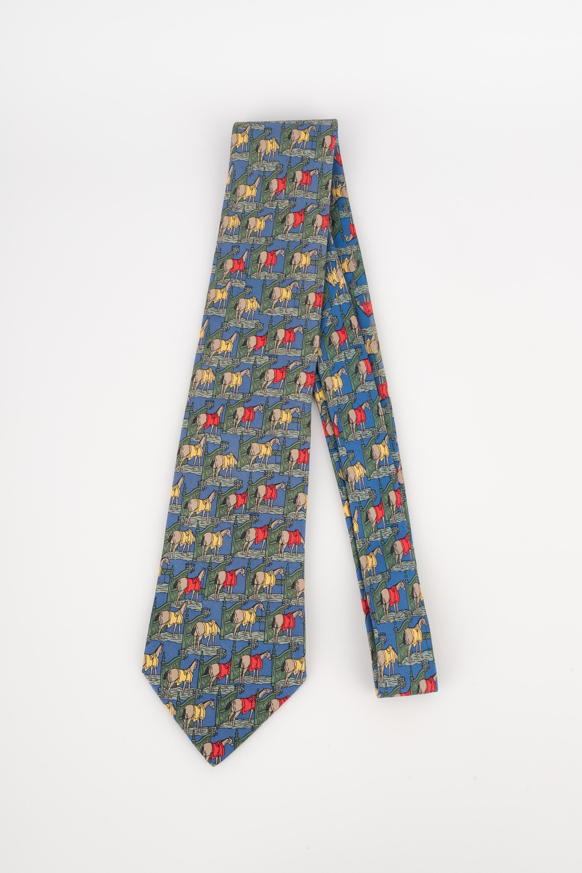 Hermès Blue Silk Tie Illustrated with Horses In Good Condition For Sale In SAINT-OUEN-SUR-SEINE, FR
