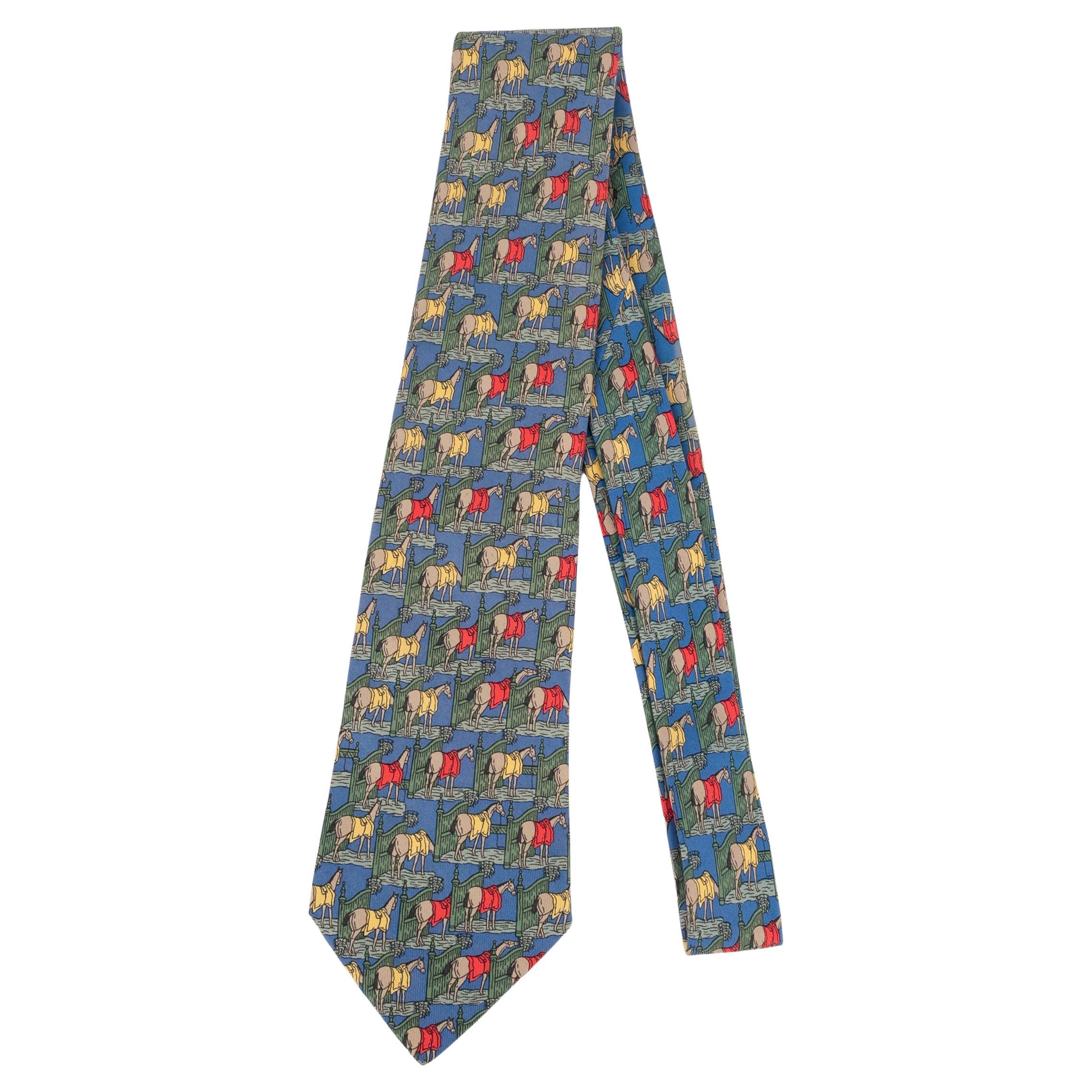 Hermès Blue Silk Tie Illustrated with Horses For Sale