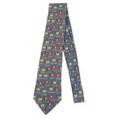 Hermès Blue Silk Tie Illustrated with Horses