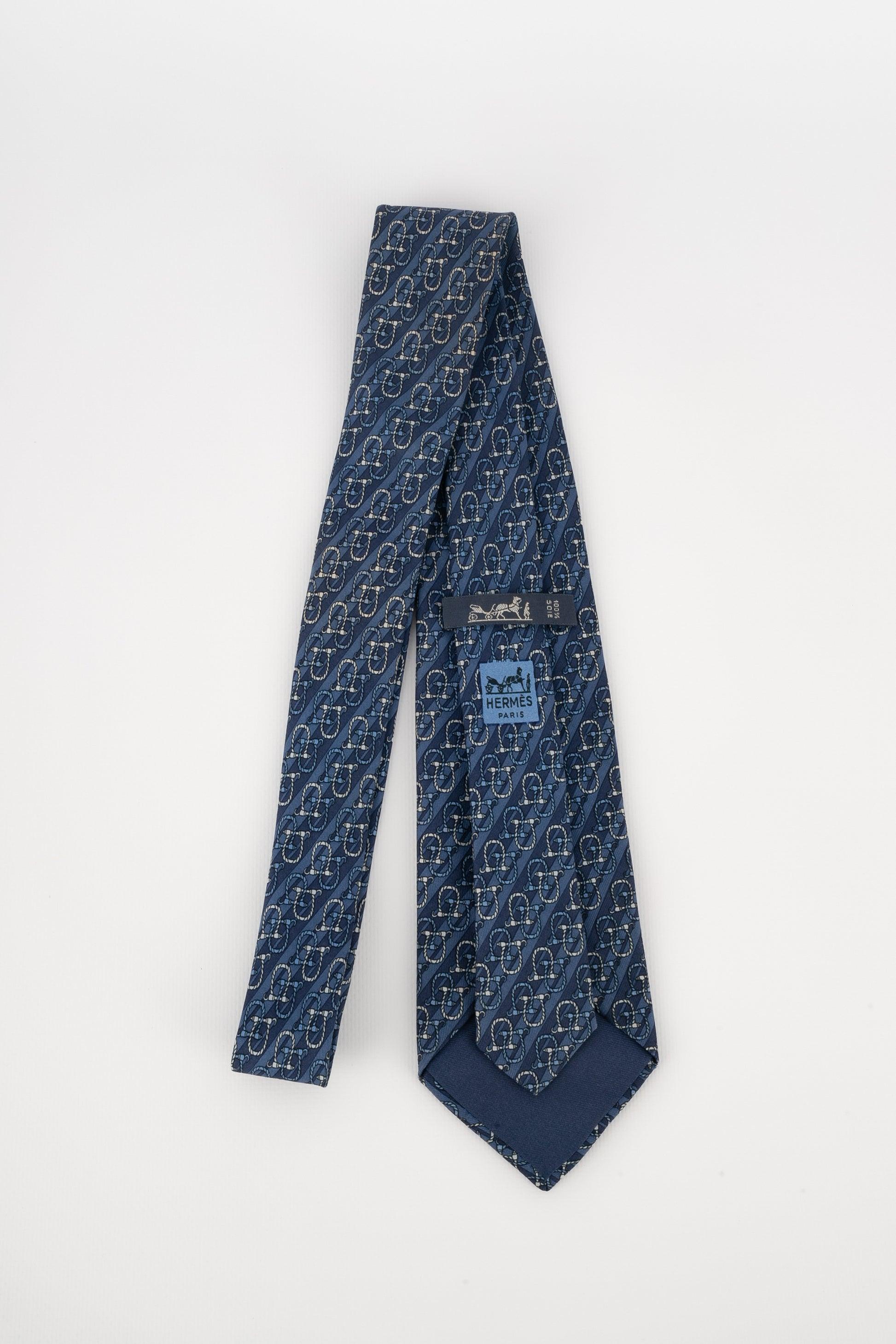 Black Hermès Blue Silk Tie Printed with Snaffle Bits