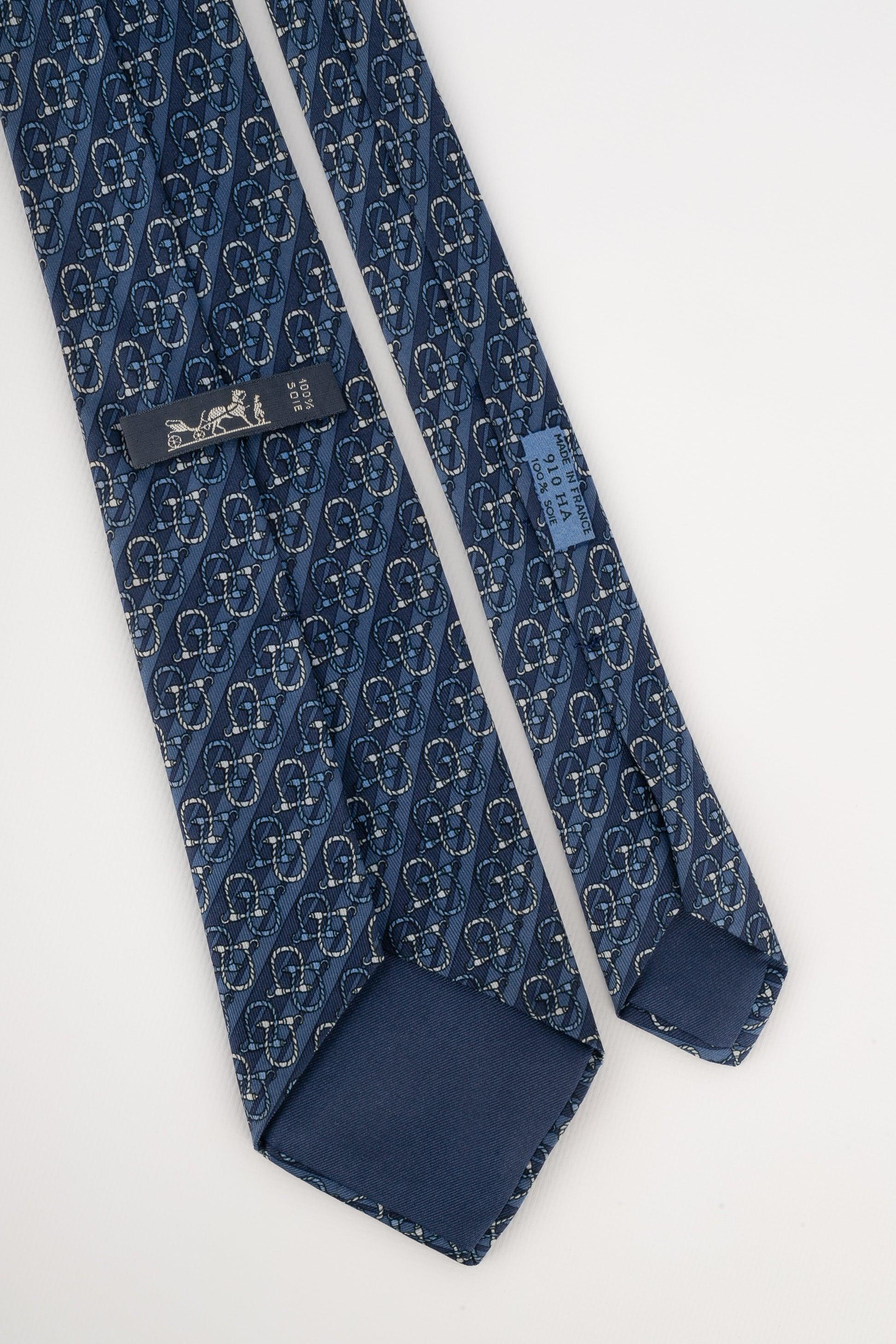 Women's Hermès Blue Silk Tie Printed with Snaffle Bits