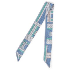 HERMES blue silk TRESSES H TWILLY Scarf Jean Pearl Vert