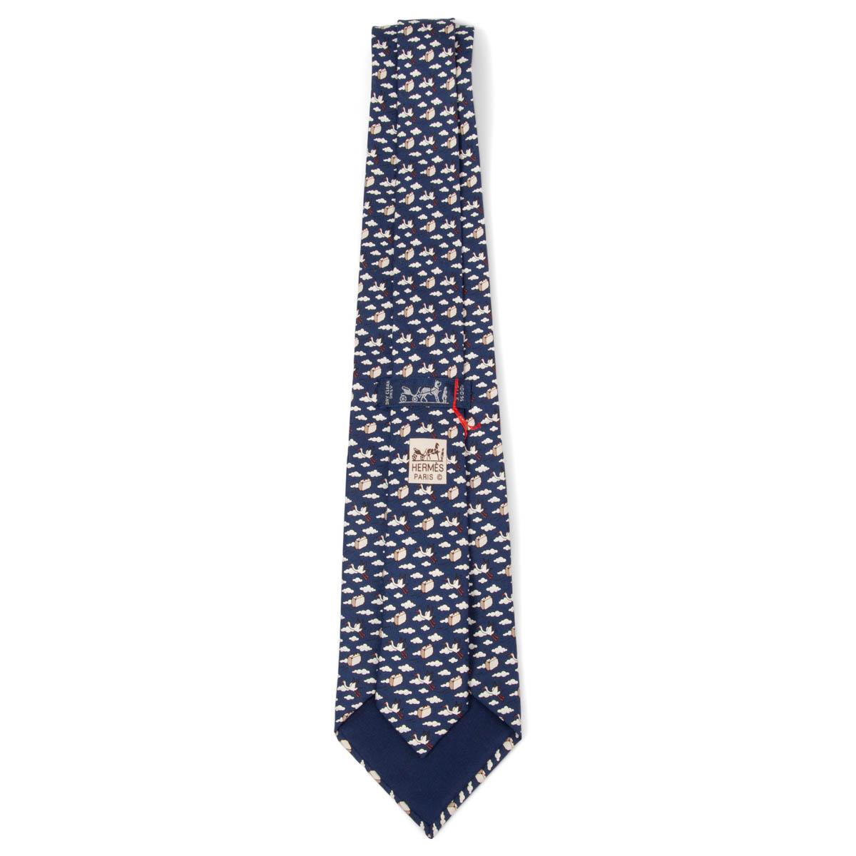Blue HERMES blue silk twill 5454 BIRD EXPRESS Tie For Sale