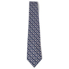 HERMES blue silk twill 5454 BIRD EXPRESS Tie
