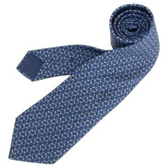 HERMES Corbata CADENA H LOCK de sarga de seda azul
