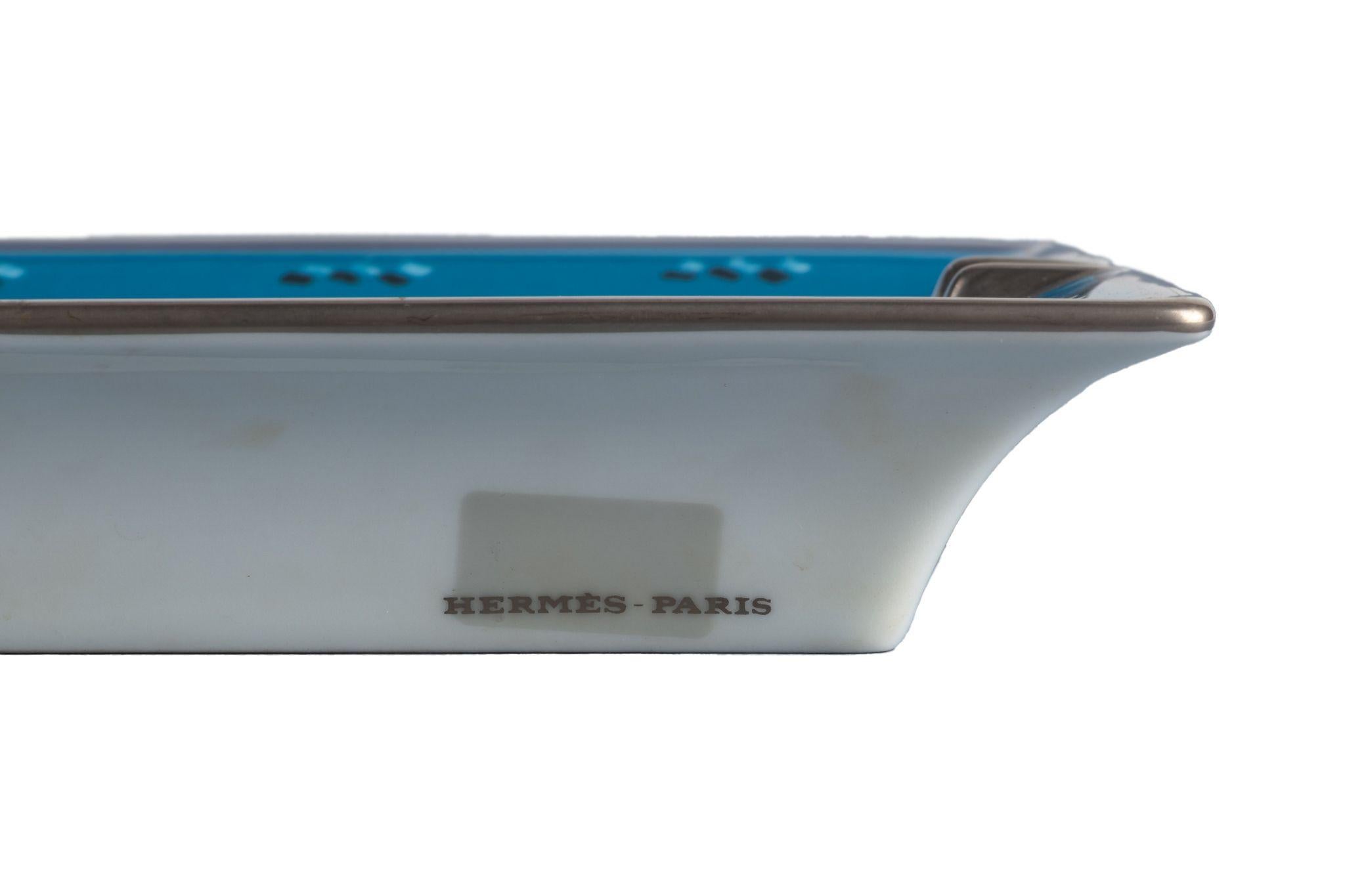 Women's or Men's Hermes Blue Silver Fish Porcelain Ashtray