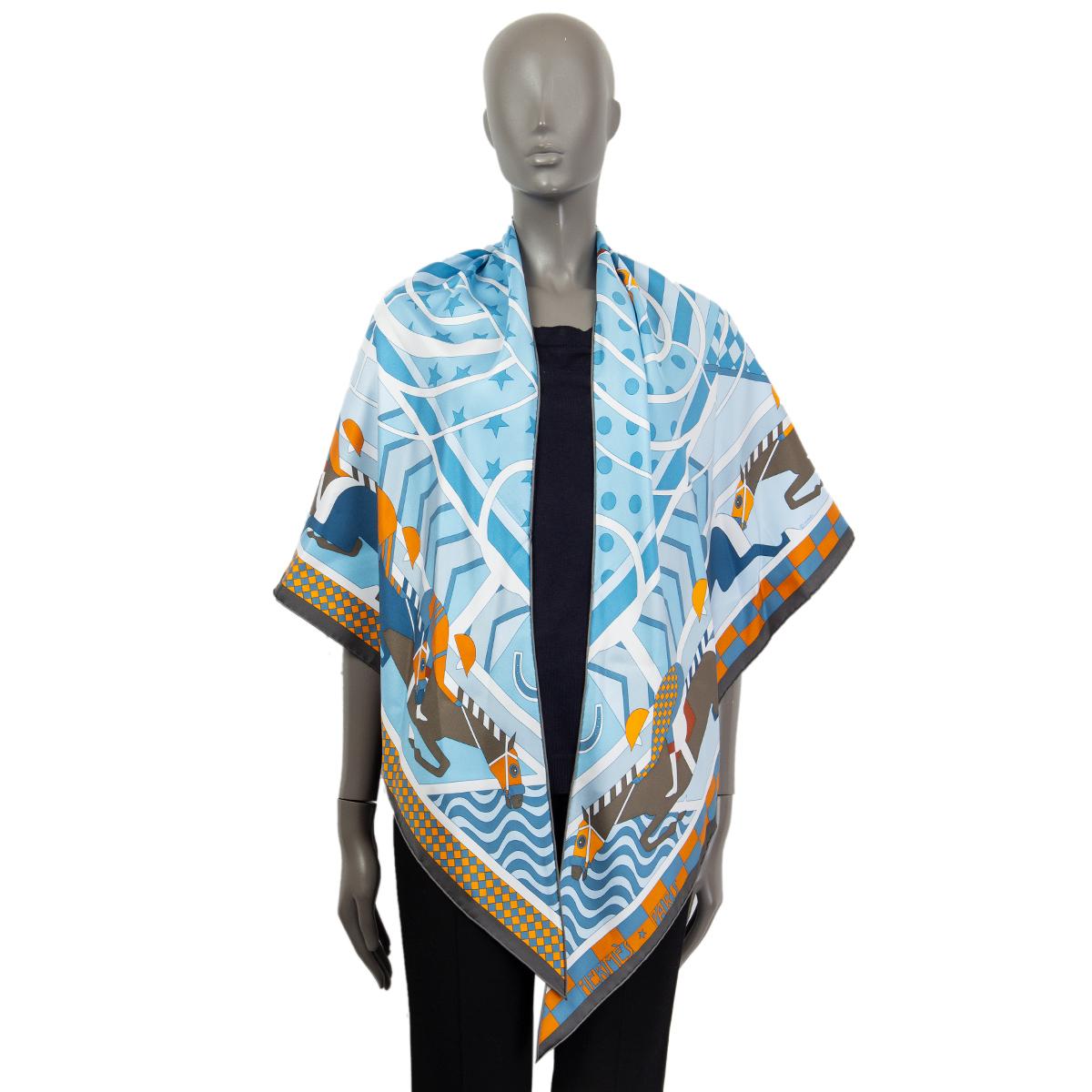 HERMES blue STEEPLE CHASSE MAXI POINTE Scarf silk Ciel Orange Anthracite 3