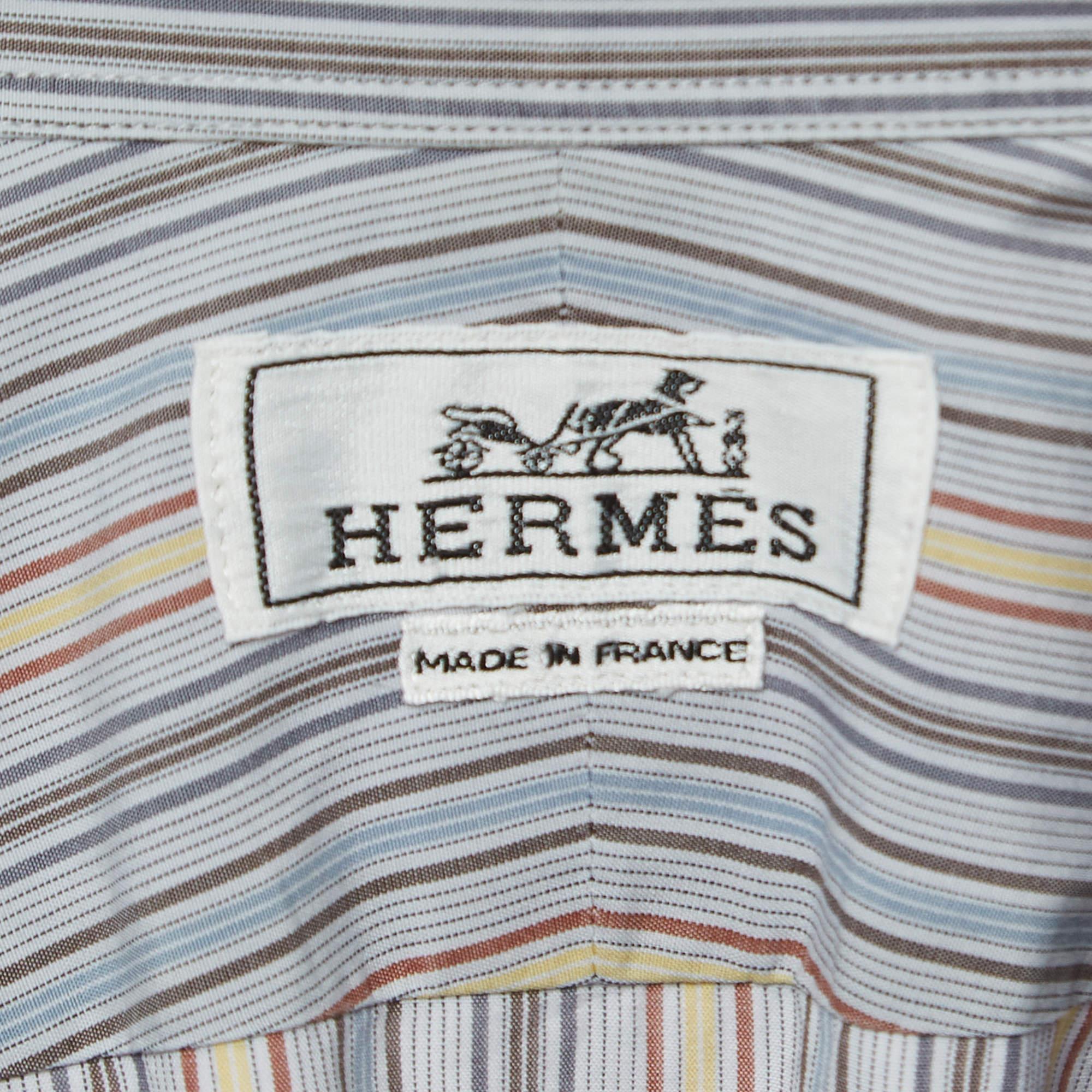 Men's Hermes Blue Striped Cotton Button Front Full Sleeve Shirt L