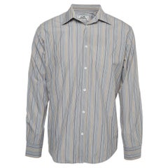 Hermes Blue Striped Cotton Button Front Full Sleeve Shirt L