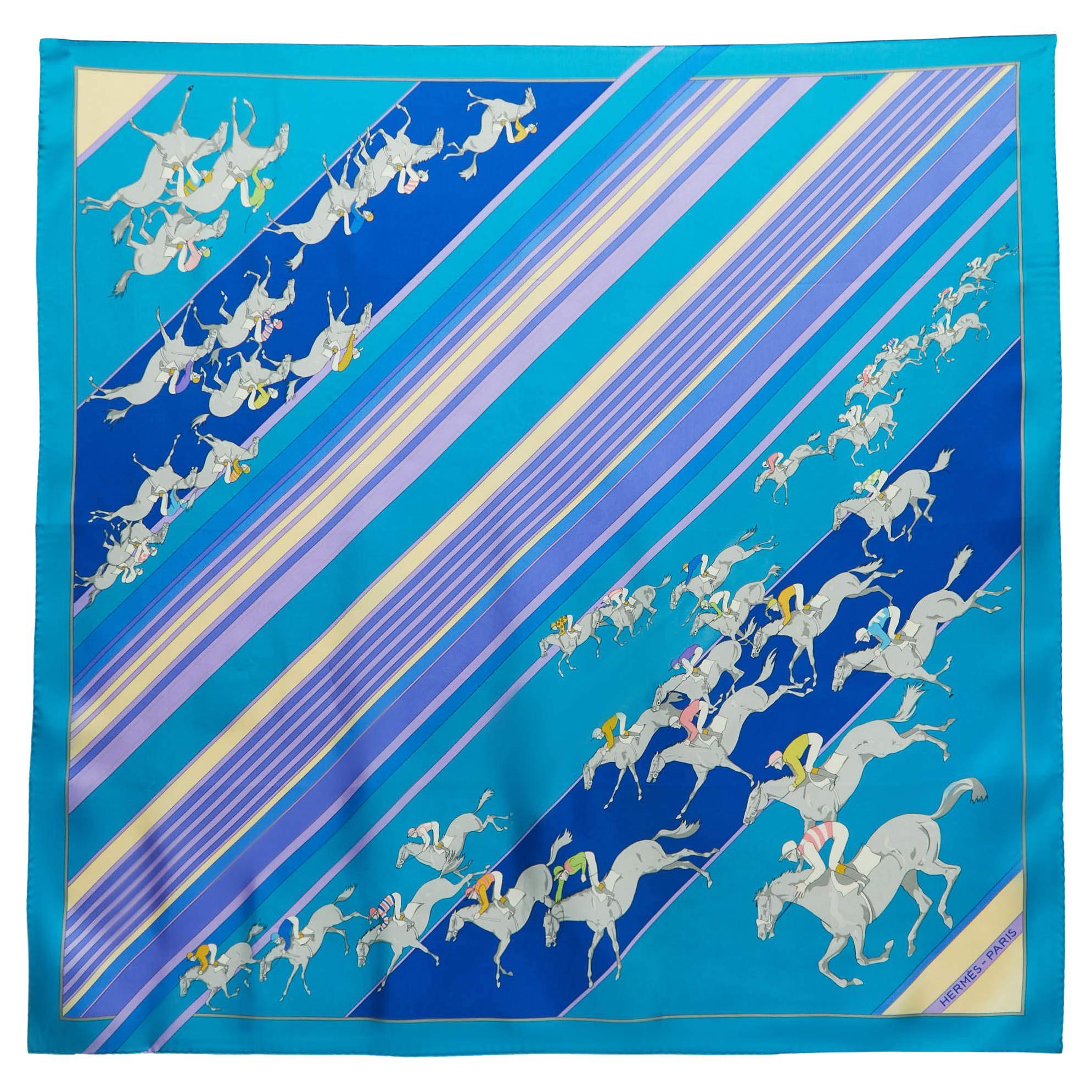 Hermès Blue Striped Equestrian Printed Silk Square Scarf For Sale