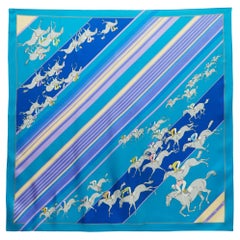 Écharpe carrée en soie imprimée équestre à rayures bleues Hermès