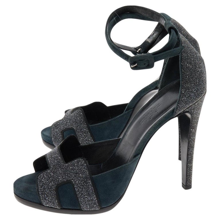 Hermes Blue Suede and Glitter Ankle Strap Sandals Size 38.5 at 1stDibs