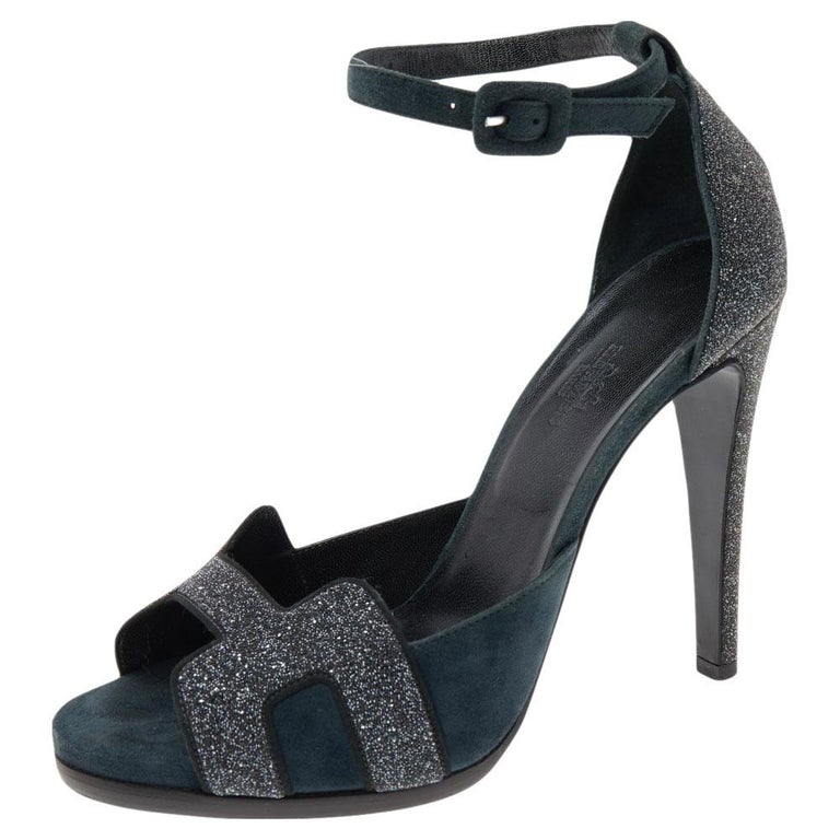 Hermes Blue Suede and Glitter Ankle Strap Sandals Size 38.5 at 1stDibs