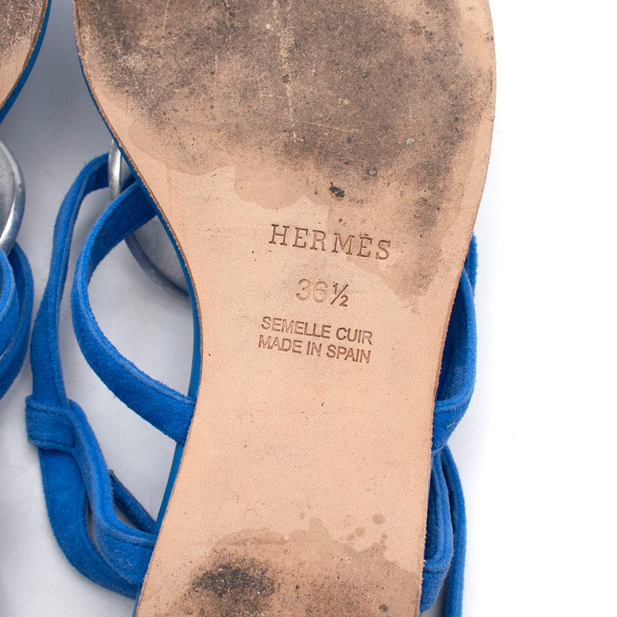 Hermes Blue Suede Ankle Wrap Thong Sandals For Sale 2