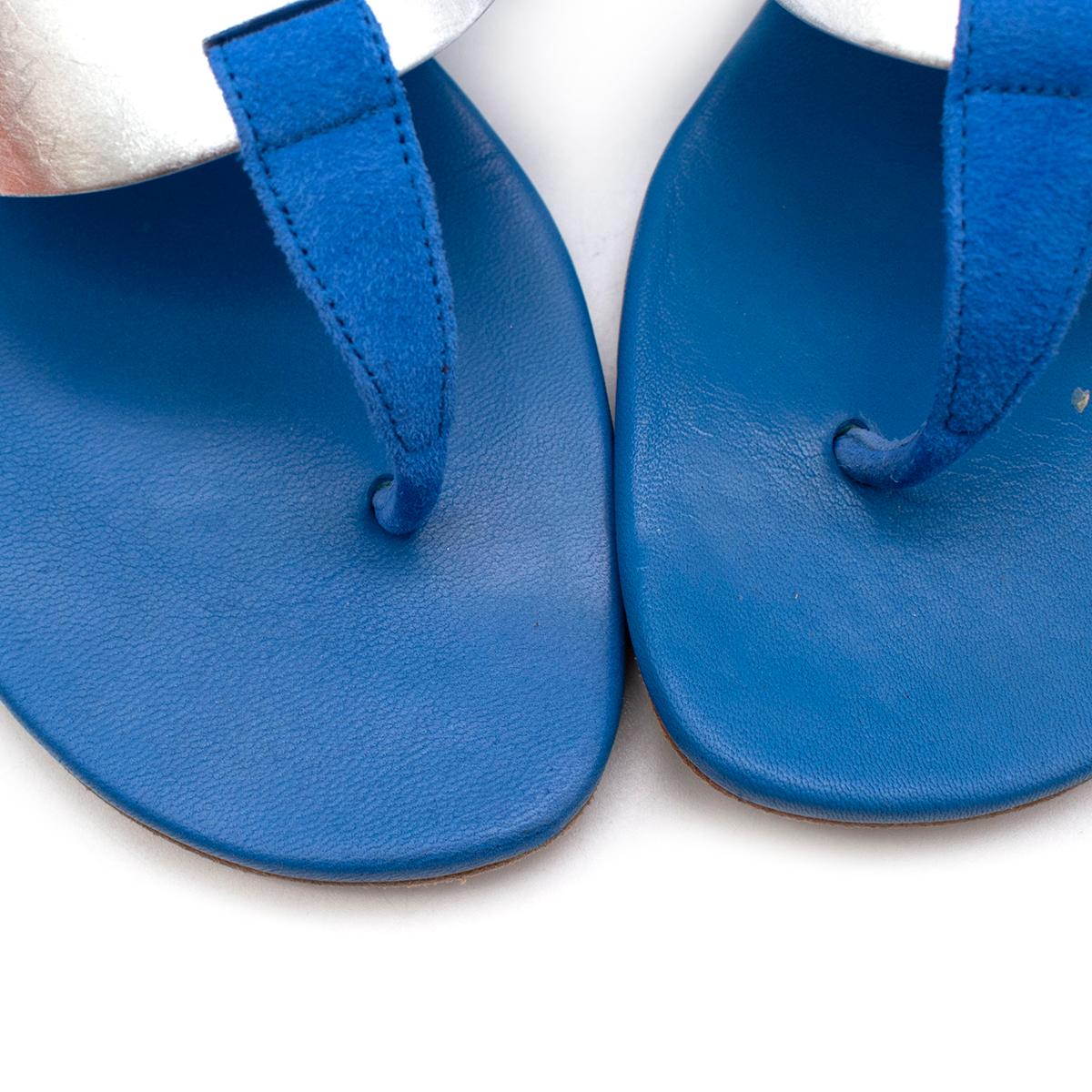Red Hermes Blue Suede Ankle Wrap Thong Sandals For Sale