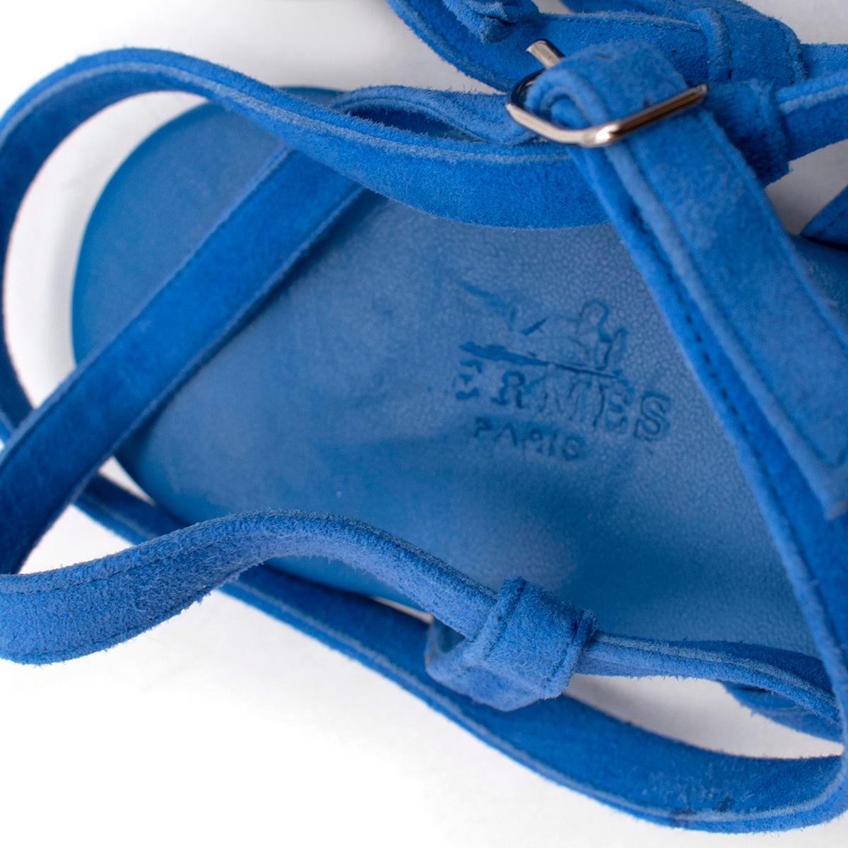 Hermes Blue Suede Ankle Wrap Thong Sandals In Good Condition For Sale In London, GB