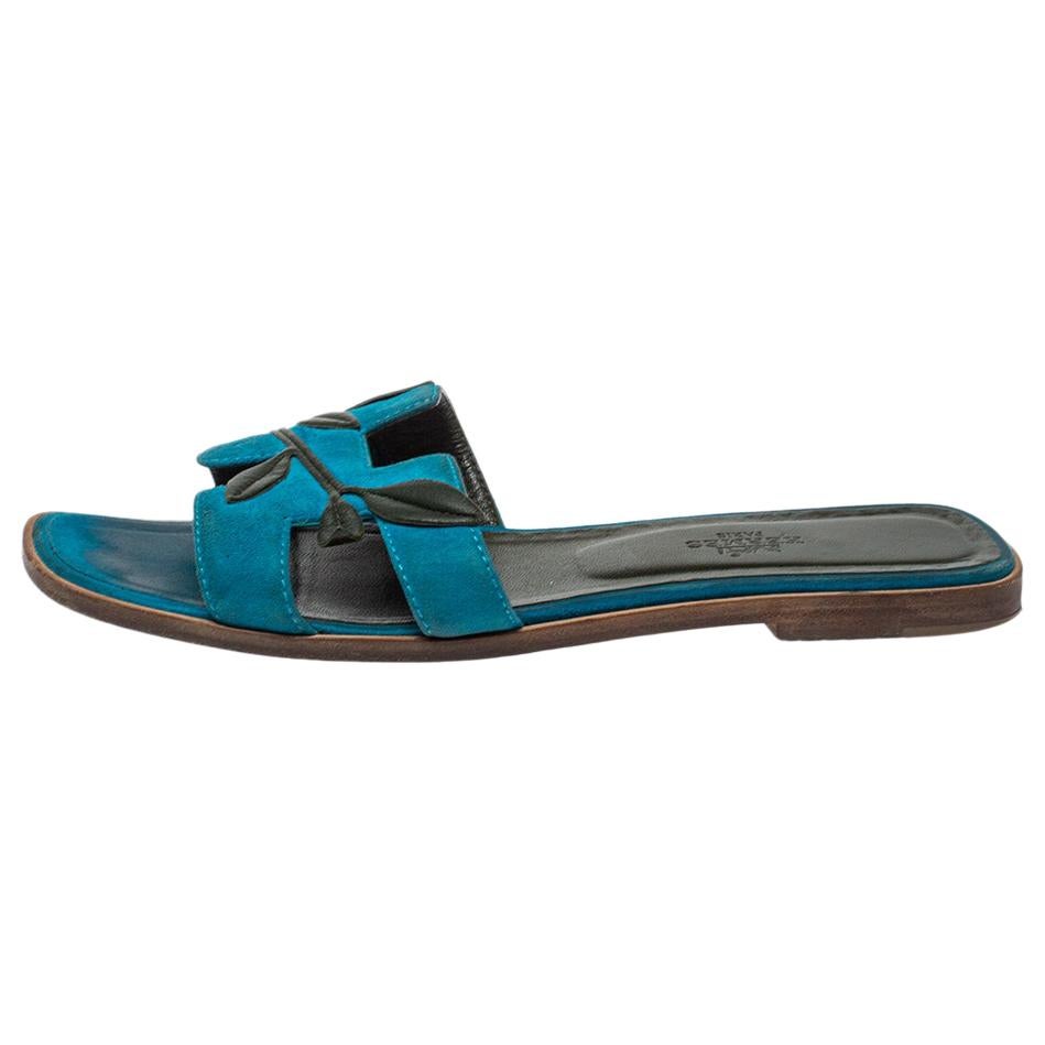 Hermès Blue Suede Oran Laurier Sandals Size 38