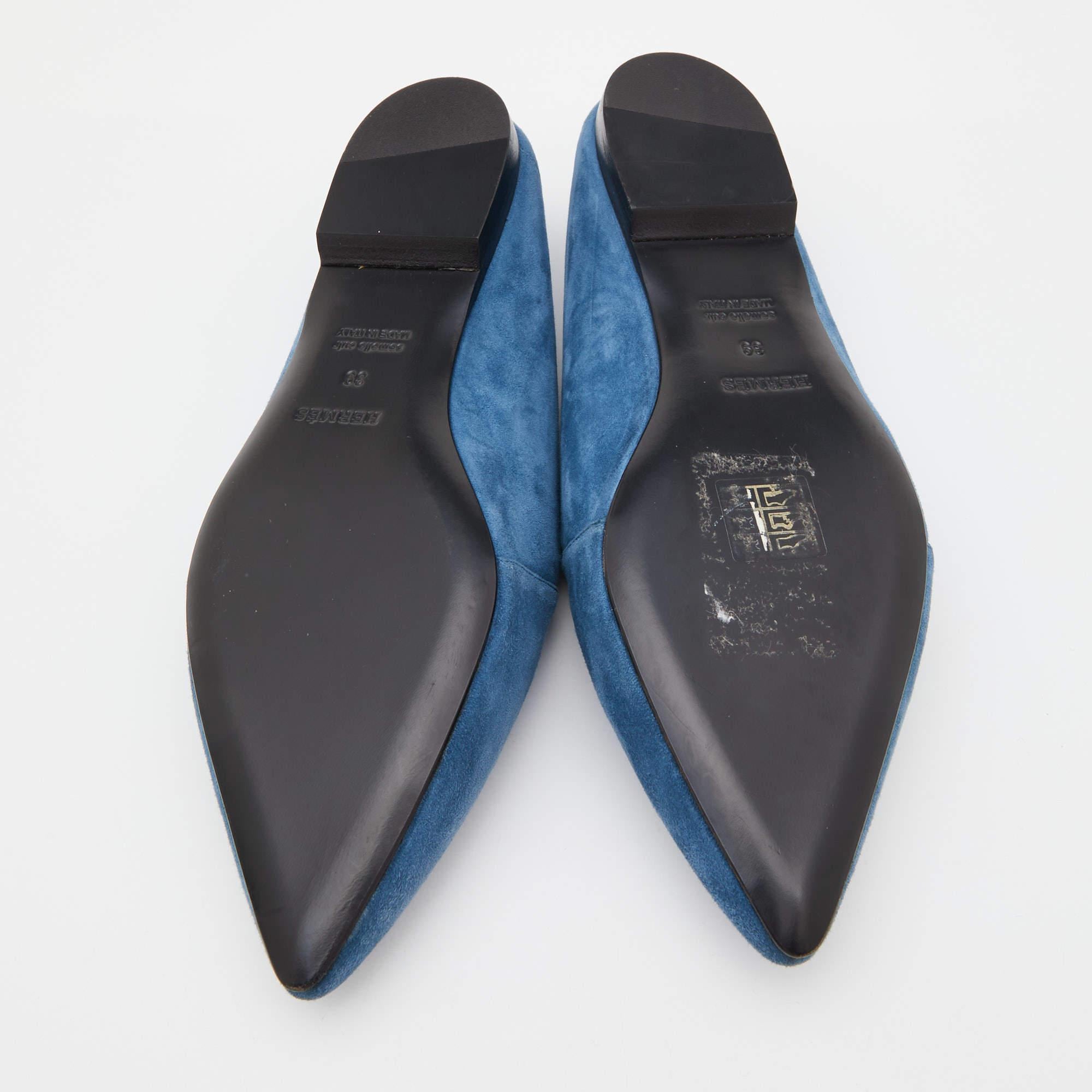 Women's Hermes Blue Suede Pointed Toe Ballet Flats Size 39